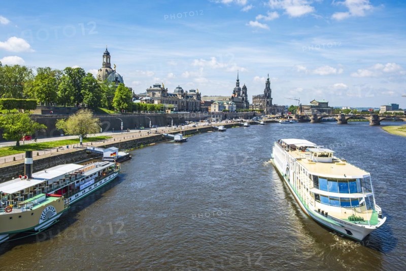 View of the historic old town ensemble and the steamer landing stage on the Terrassenufer in Dresden, Saxony, Germany, Europe