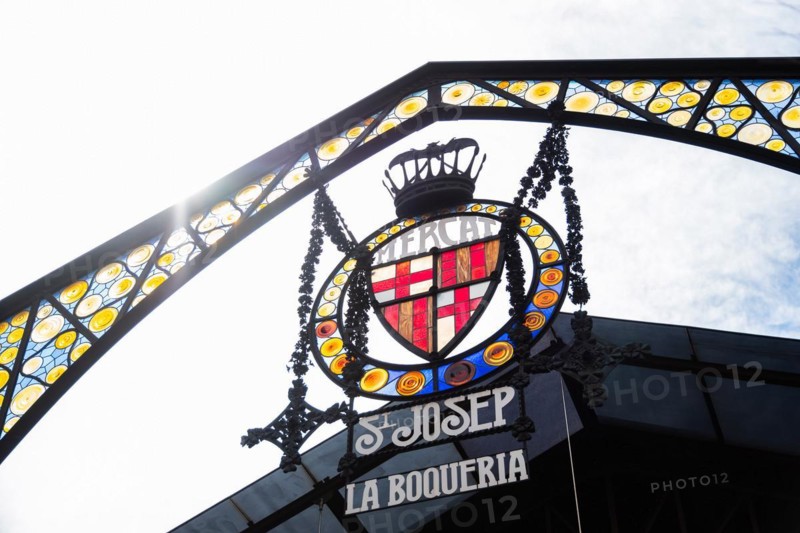 Sign at the entrance to La Boqueria market in Barcelona, Spain, Europe