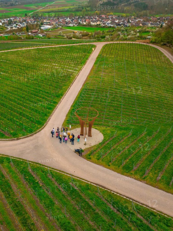 Aerial view of people at a circular viewpoint in a vineyard, Jesus Grace Chruch, Weitblickweg, Easter hike, Hohenhaslach, Germany, Europe
