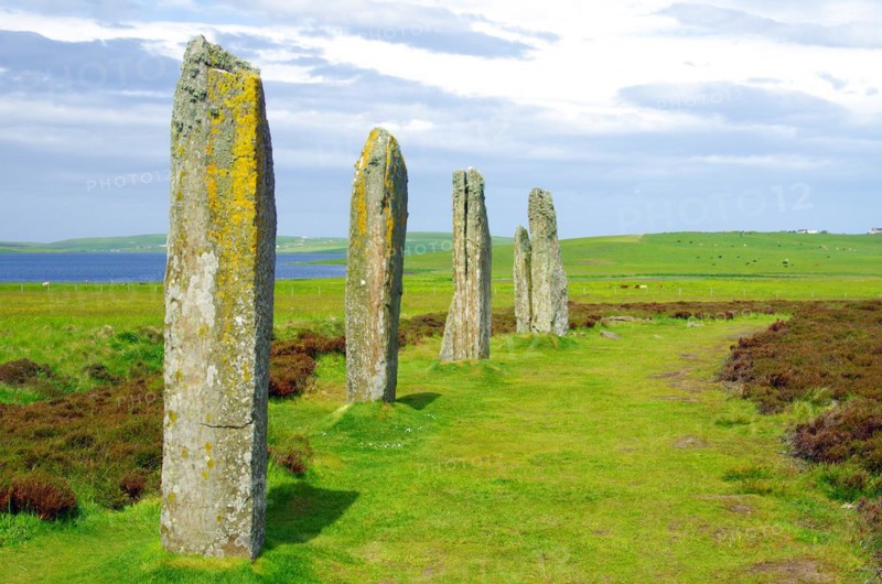 Standing stones from the Stone Age on a green meadow, Unesco World Heritage Site, Ring of Brodgar, Stromness, Orkney Islands, Scotland, UK