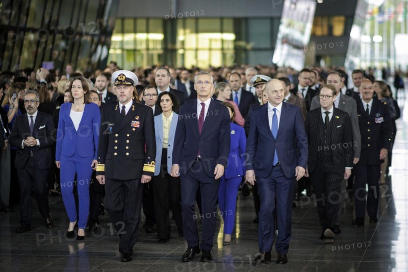 The Secretary-General of the North Atlantic Council and the Allied Foreign Ministers, the Permanent Representatives and the Chairman of the Military Committee take their seats in the Agora during the ceremony to mark the 75th anniversary of the signing of the founding document of the North Atlantic Treaty. Brussels, 04.04.2024. Photographed on behalf of the Federal Foreign Office