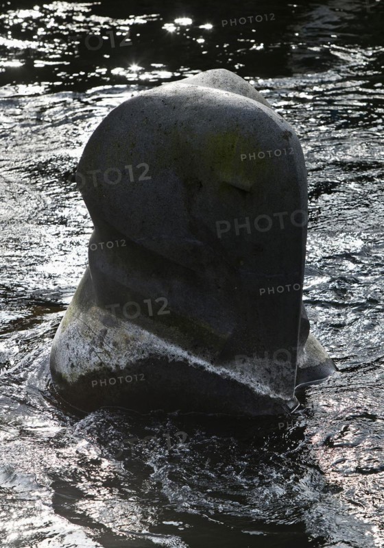 Sculpture by Bernd Bergkemper in the shape of an elephant in the river Wupper, commemorating the jump of the elephant Tuffi, Wuppertal, Germany, Europe