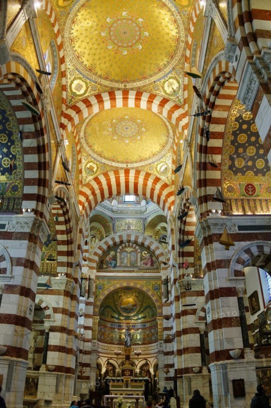 Church of Notre-Dame de la Garde, Marseille, Magnificent church interior with richly decorated columns and golden mosaics, Marseille, Departement Bouches du Rhone, Region Provence Alpes Cote d'Azur, France, Europe