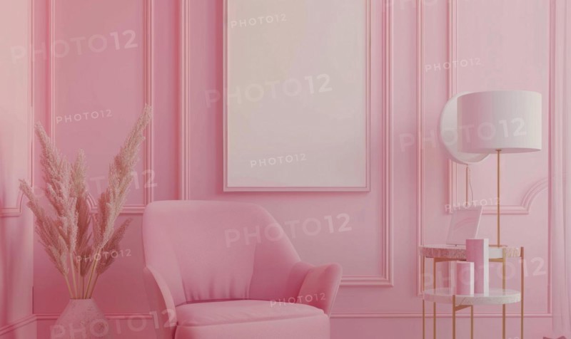 Flat background with blank poster mockup on pink wall AI generated
