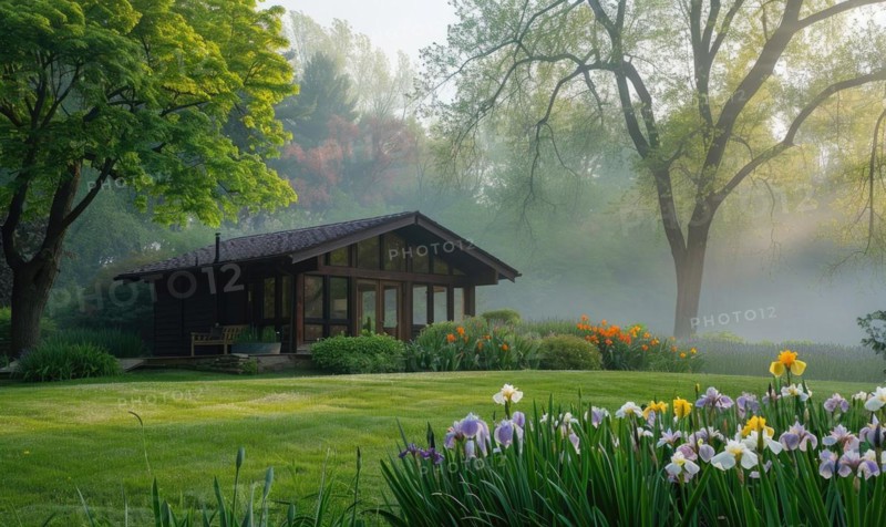 Morning mist enveloping a contemporary wooden cabin hidden deep within a spring garden filled with blooming irises and lilies AI generated
