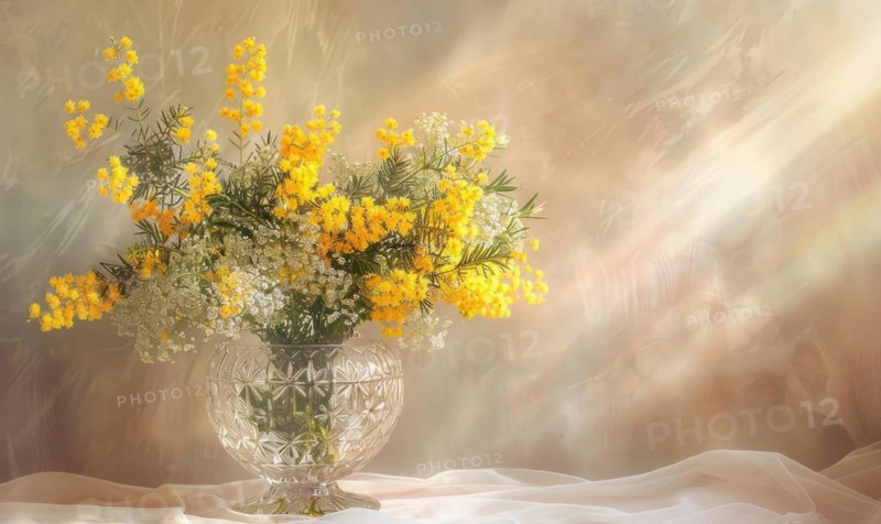 Bouquet of blooming Mimosa branches in glass vase AI generated