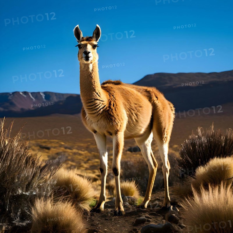 Guanaco standing on a solitary hill in the patagonian deserts sparsely vegetated landscape, AI generated