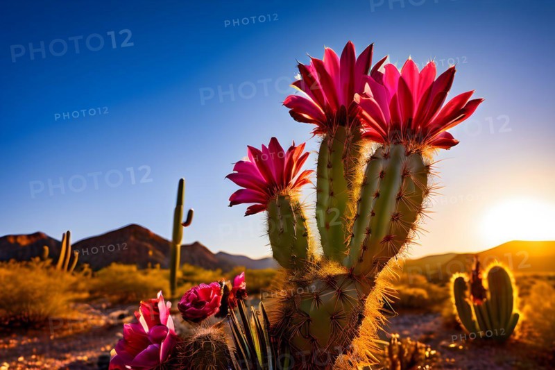 Saguaro cactus with vibrant flower in full bloom in early morning light, AI generated