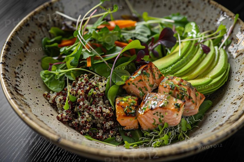 Quinoa salad with smoked salmon, avocado, and microgreens served in a ceramic bowl, AI generated