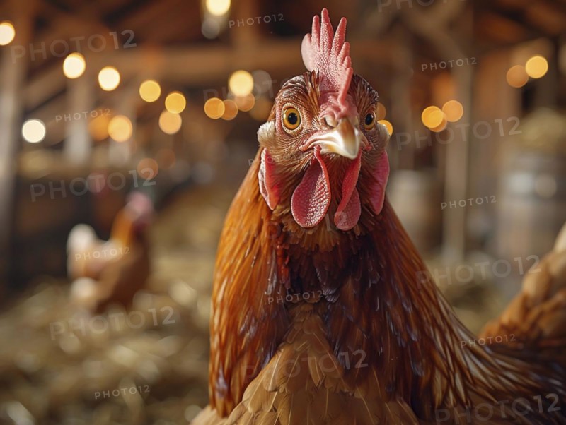 Close-up of a chicken with detailed feathers against a barn interior, AI generiert, AI generated