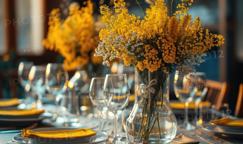 A chic dining table set for a dinner party, bouquet of yellow flower AI generated