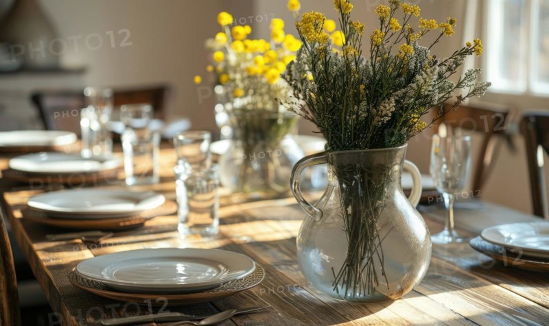 A dreamy bedroom setting with a vase of Mimosa flowers placed on a bedside table AI generated