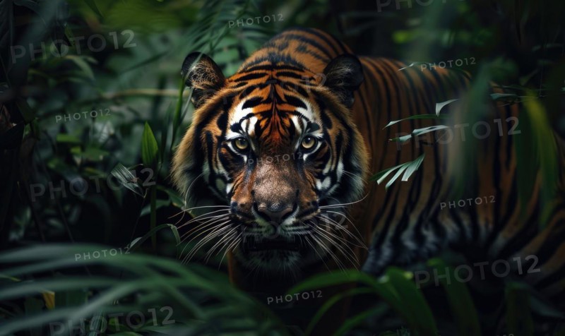 A Sumatran tiger in jungle foliage AI generated