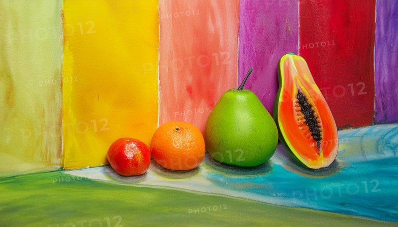 Still life of fruits with a pear, orange, and papaya on a colorful textured canvas, horizontal, AI generated