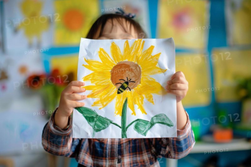 A pre-school child holds a drawn picture of a sunflower with a bee up to the camera, AI generated, AI generated, AI generated