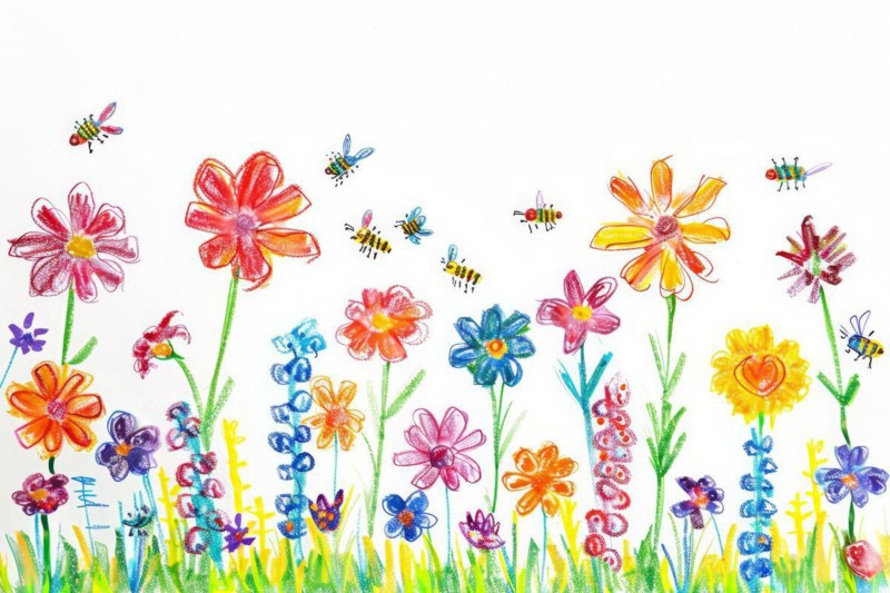 Flower meadow with bees, drawing with coloured pencils by a child of preschool age, primary school age, AI generated, AI generated, AI generated