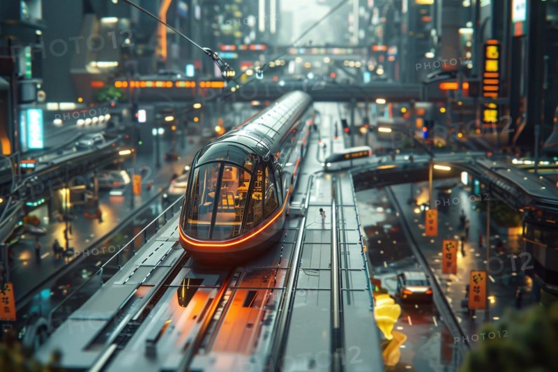Modern monorail train moving through a cityscape at dusk, AI generated