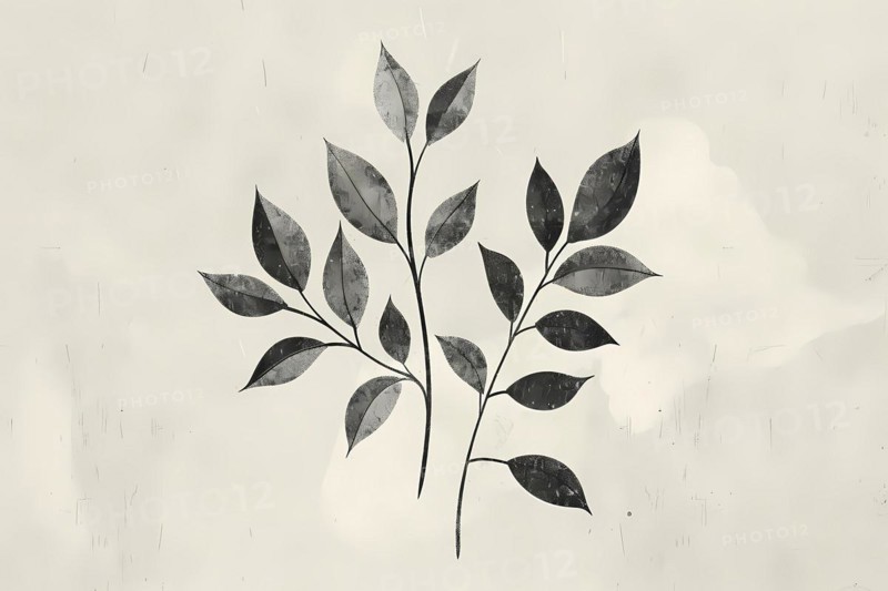 Minimalist botanical illustration of leaves in sepia tones with subtle texture, illustration, AI generated