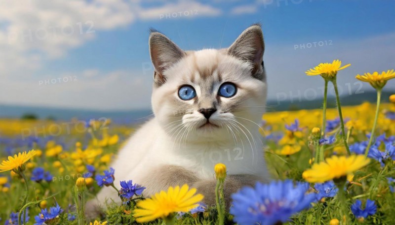 KI generated, animal, animals, mammal, mammals, cat, felidae (Felis catus), a kitten resting in a meadow on a tree trunk