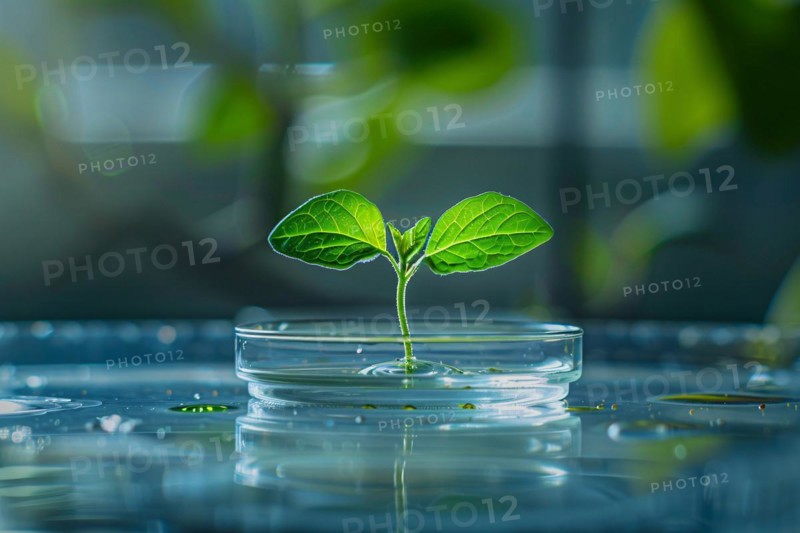 Small plant seedling in petri dish in research lab. Concept for biotechnology and genetic modification. KI generiert, generiert, AI generated
