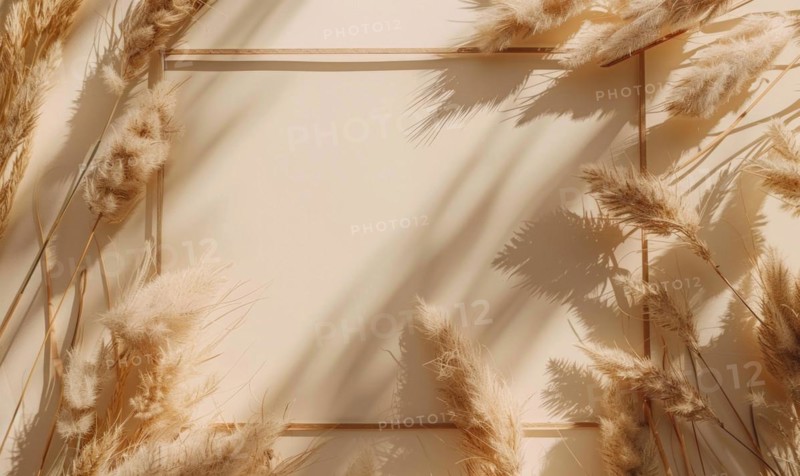 Delicate dry grass frame on minimalistic flat background, space for text AI generated