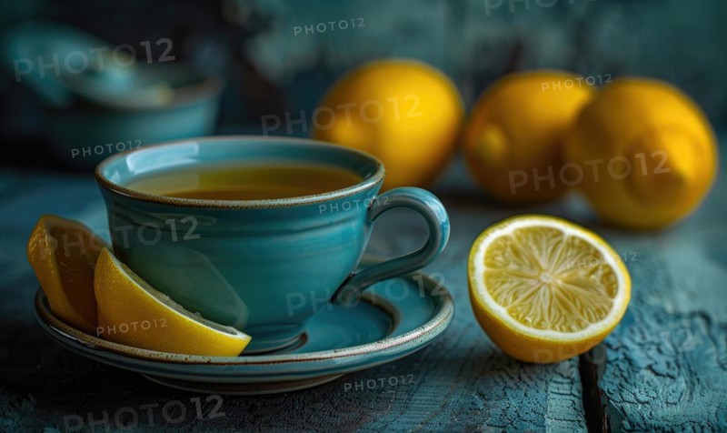 Black tea with lemon in blue ceramic teacup AI generated