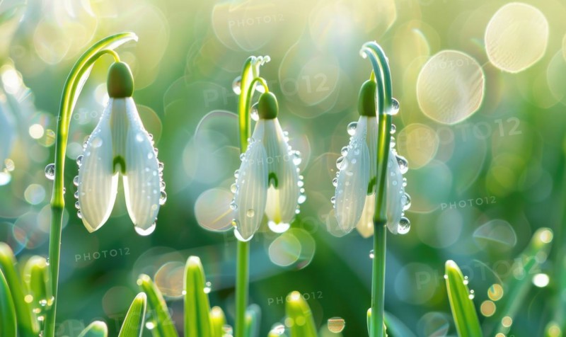 Close-up of snowdrops with dewdrops, spring nature background AI generated