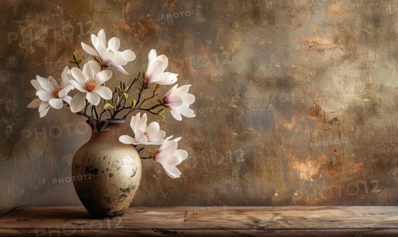 Magnolia blossom bouquet in a vintage vase on a wooden table AI generated