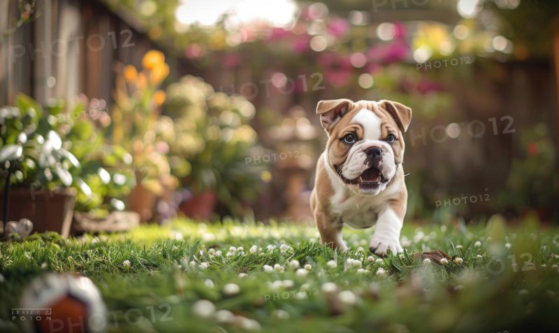 Playful bulldog puppy chasing a ball in a backyard garden AI generated
