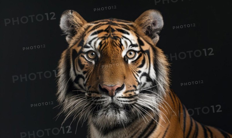 Close-up of a Bengal-Siberian tiger hybrid in studio lighting, tiger on black background AI generated