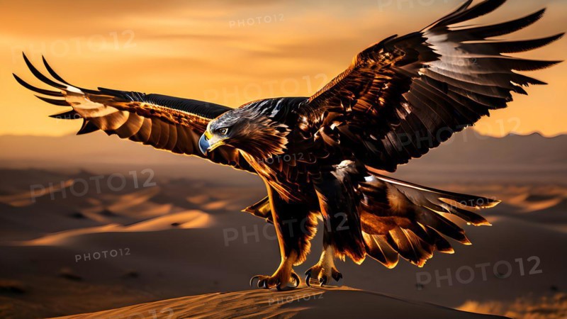 Golden eagle in sun kissed sand dune talons gripping the gobi deserts, AI generated