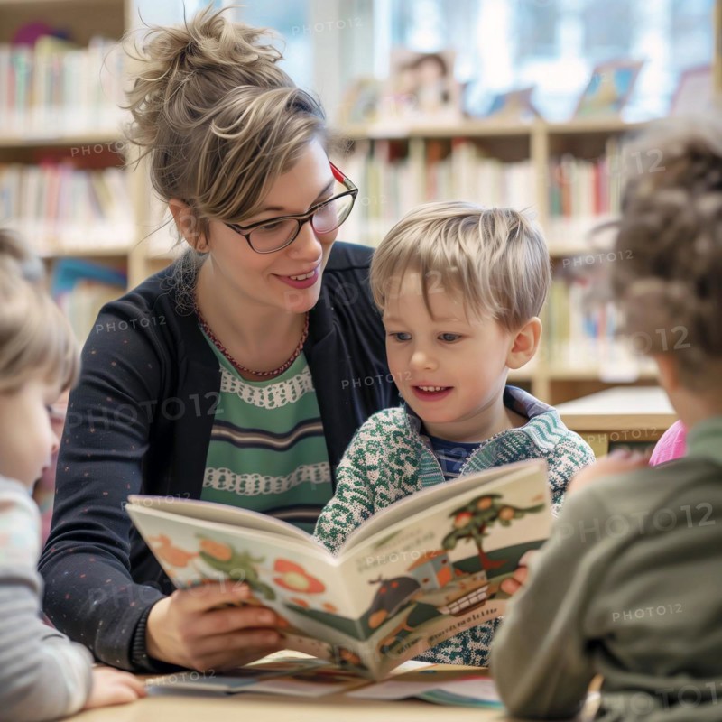 A woman reads to a smiling child and other listeners in a library, AI generated