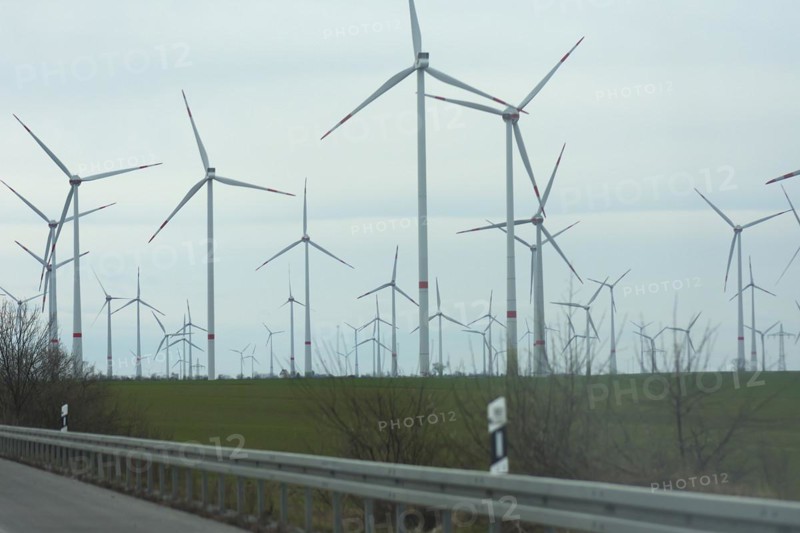 Wind turbines on the A 9 motorway, Saxony-Anhalt, Germany, Europe
