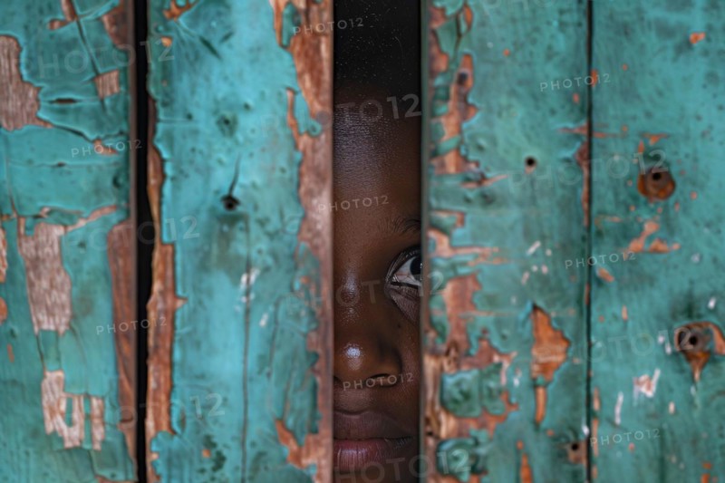 Close up of black child peeking through hole in wooden wall. KI generiert, generiert, AI generated