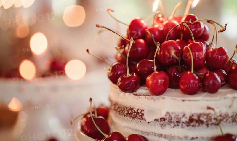 Ripe cherries adorning a wedding cake, closeup view, bokeh lights on background AI generated