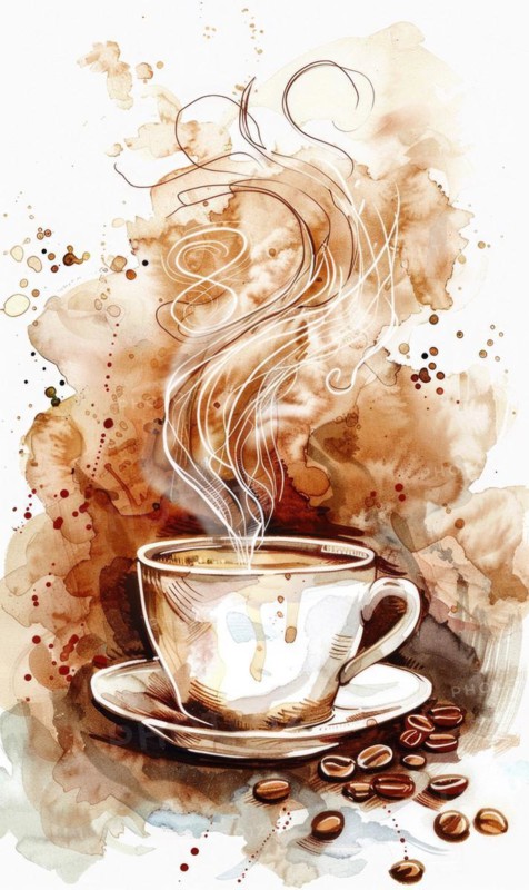 A coffee cup with steam rising from it and a few coffee beans on the table. Scene is warm and inviting, as if someone is enjoying a hot cup of coffee on a chilly day AI generated