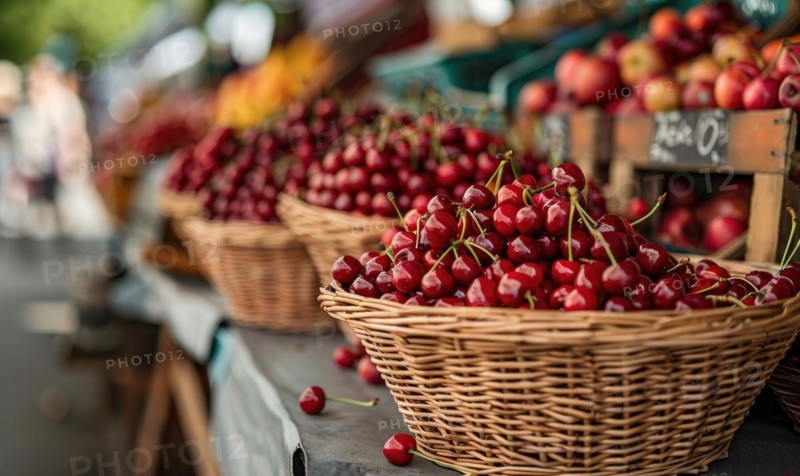 Closeup view of rip cherries selling on city market AI generated