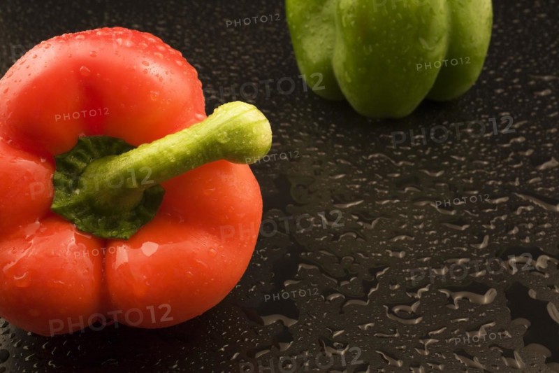 Close-up of freshly picked and washed red and green Capsicum annuum, Bell Peppers on black background with water droplets, Studio Composition, Quebec, Canada, North America