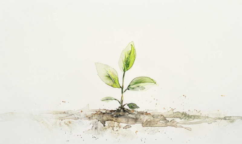 Watercolor illustration of a small tree sprout emerging from the ground AI generated
