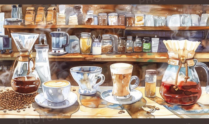 Watercolor illustration of a coffee shop scene with various coffee-related items like cups AI generated
