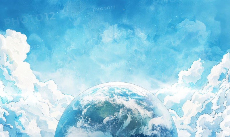 Watercolor illustration of the Earth globe with fluffy clouds against a clear blue sky AI generated