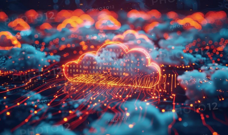 Cloud computing servers against a backdrop of a digital cityscape AI generated