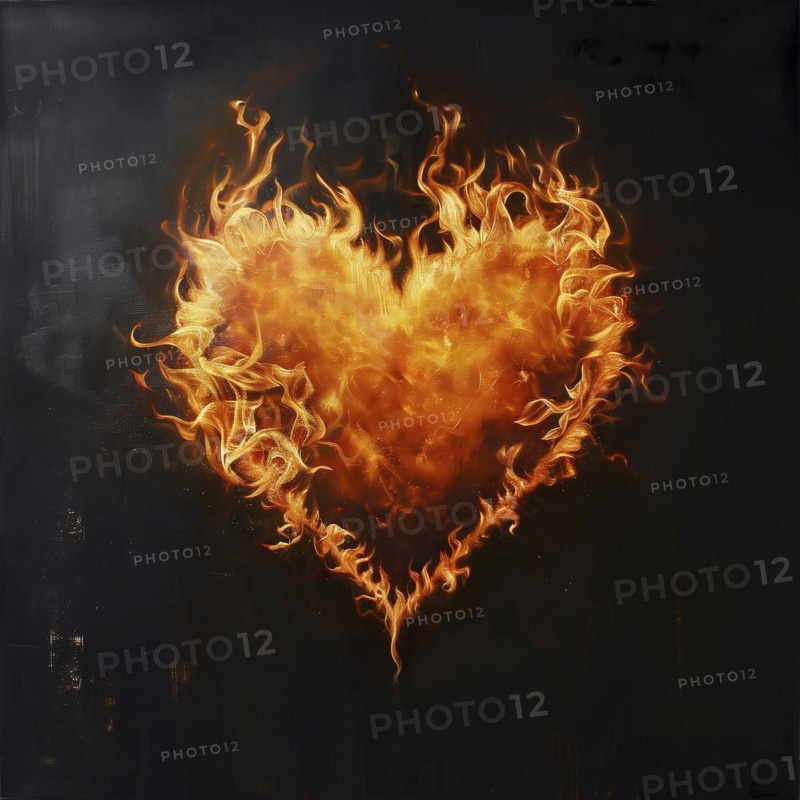 A flaming heart shape glowing against a dark, warm background, AI generated
