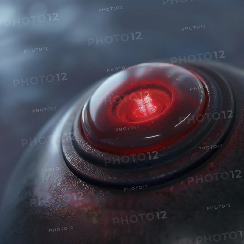 Close-up of a red alarm button with metallic texture, AI generated