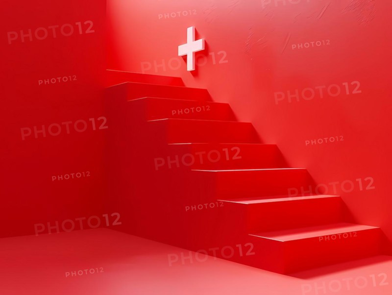 Red stairs leading up to a cross, a possible symbol for health and emergency services, illustration, AI generated