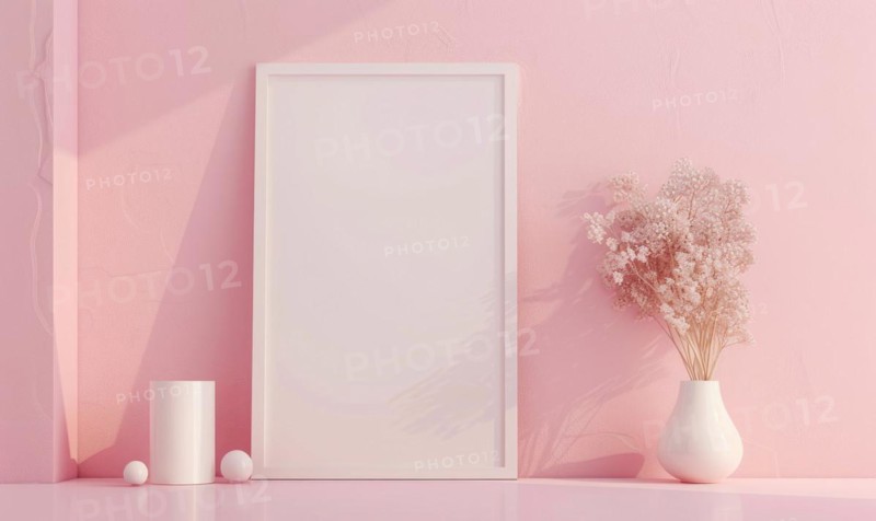 Flat background with blank poster mockup on pink wall AI generated
