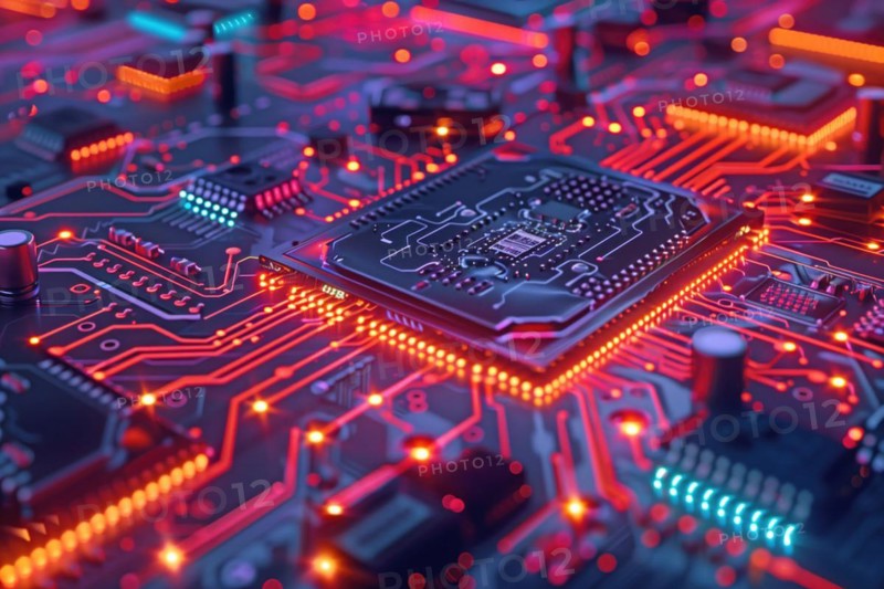 Close-up of a microchip on a circuit board with glowing neon lights, AI generated