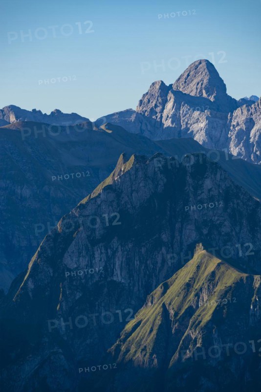 Mountain panorama from Nebelhorn, 2224m, to Hoefats, 2259m, behind Grosser Krottenkopf, 2656m, Allgaeu Alps, Allgaeu, Bavaria, Germany, Europe