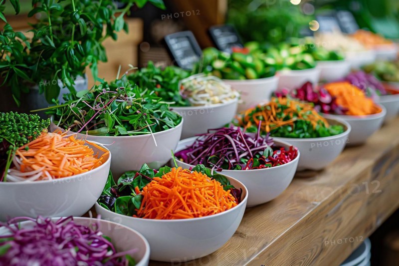A salad bar offering a variety of fresh, colorful vegetables in multiple bowls, AI generated