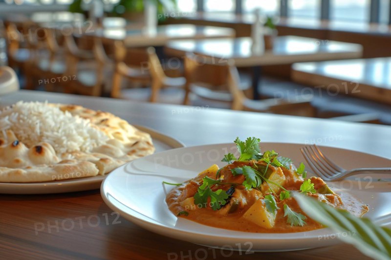 Spicy curry served with rice and naan bread in a restaurant setting, AI generated